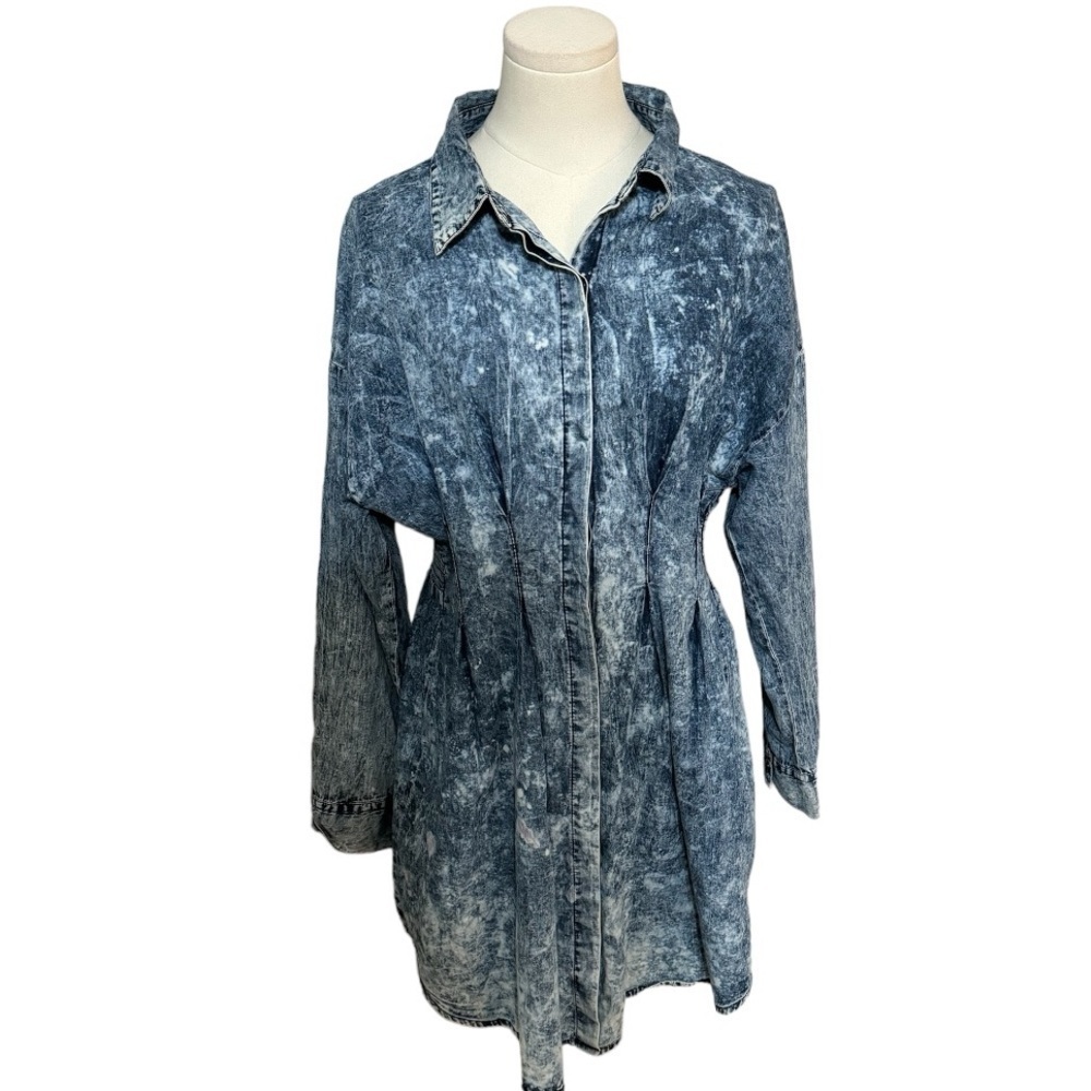THRILL JEANS Acid Wash Denim Mini Dress Long Sleeve L Vintage Y2K 90’s‎ Festival